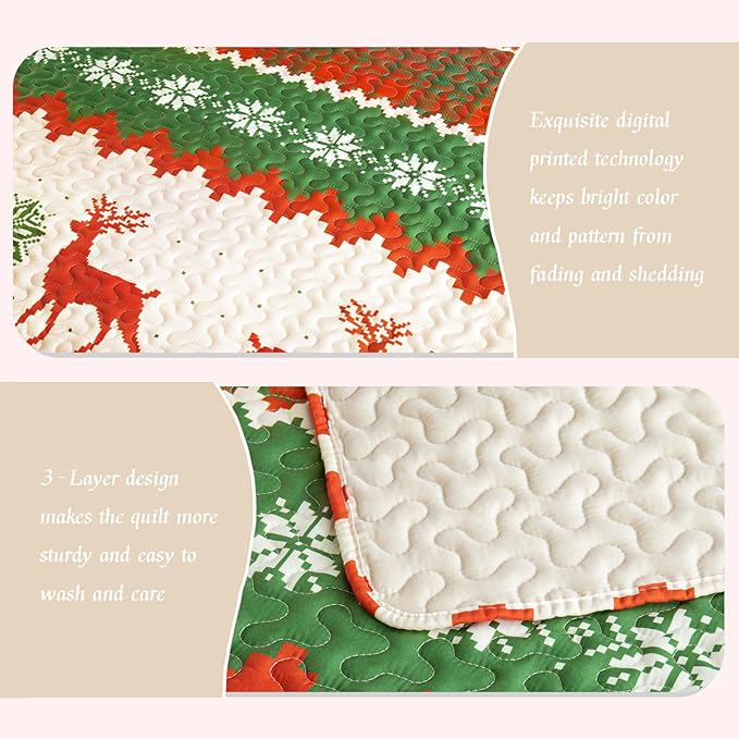 Whale Flotilla Christmas Quilt King Size, Soft Boho Floral Bedspreads for Bed Reversible Lightweight King Quilt Bedding Set Coverlets with 2 Pillow Shams for All Seasons, Happy Snowflake