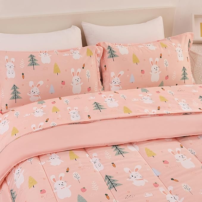 Yibeizi Pink Bunny Kids Comforter Set for Girls Full Size, Cute Quilted Printed Woodland Bedding Set with Pillow Sham, Lightweight Soft Breathable Machine Washable Bed Set 3 Piece