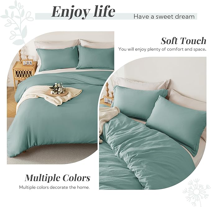 MILDLY Super Soft Duvet Cover - 100% Washed Microfiber Grayish Teal Comforter Cover Set 3 Pieces with Zipper Closure & Corner Ties (No Comforter)