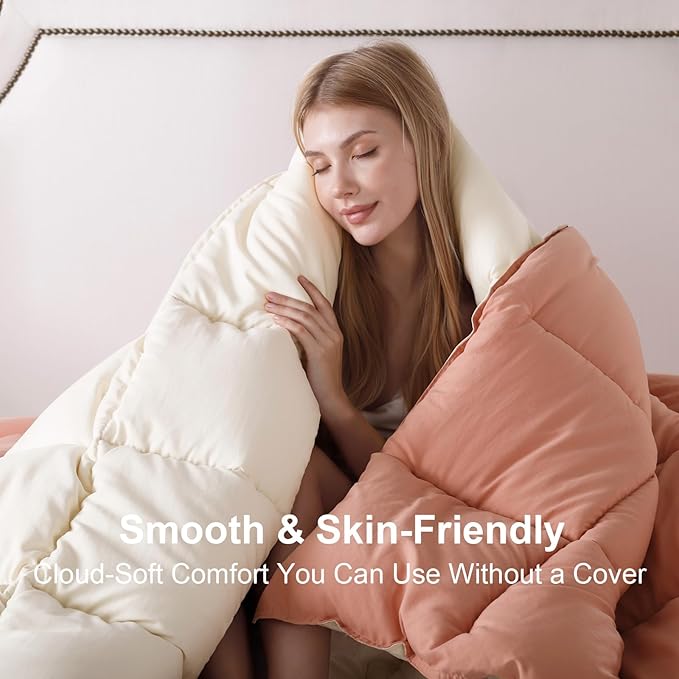 KASENTEX King Comforter Set – Reversible Dual Color – Goose Down Alternative – Ultra-Soft, Lightweight, Machine Washable, Maintain Fluffiness, All Season Warmth (Rose/Beige)