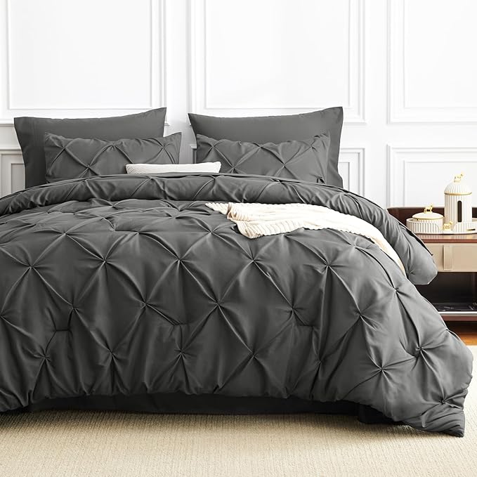 Queen Comforter Set Dark Grey, 7 Pieces Pintuck Bed in A Bag Queen Size Bedding, Soft Bed Set All Season Pinch Pleat Comforter Set with Sheets, Pillowcases & Shams