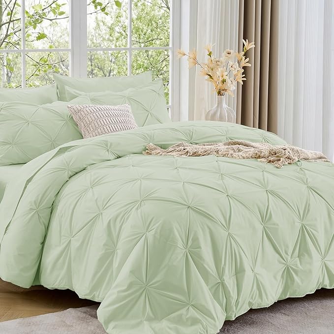 Sasttie Twin Comforter Set, 5-Piece Bed in a Bag, Pintuck Bedding Sets for All Season, Includes Comforter, Flat Sheet, Fitted Sheet, Pillowcase and Pillowsham, Mint