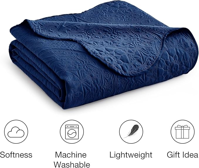 MOONLIGHT20015 King Quilt Bedding Set Size (106" x 96") + 2 Pillow Shams (20" x 36"+ 2") - 3 Pcs All Season Lightweight Reversible Quilt Bedspread Microfiber Floral Embossed Coverlet (Navy)