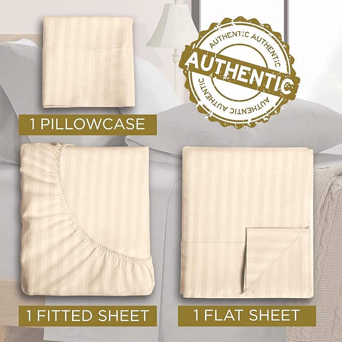 Twin XL 100% Microfiber Double Brushed Sheet Set - Extra-Soft & Wrinkle-Free - 15" Deep Pockets, 39" x 80" - Ideal for Dorms, Hospitals & Split King Beds - 3 PC Set (Twin XL, Damask Ivory Stripe)