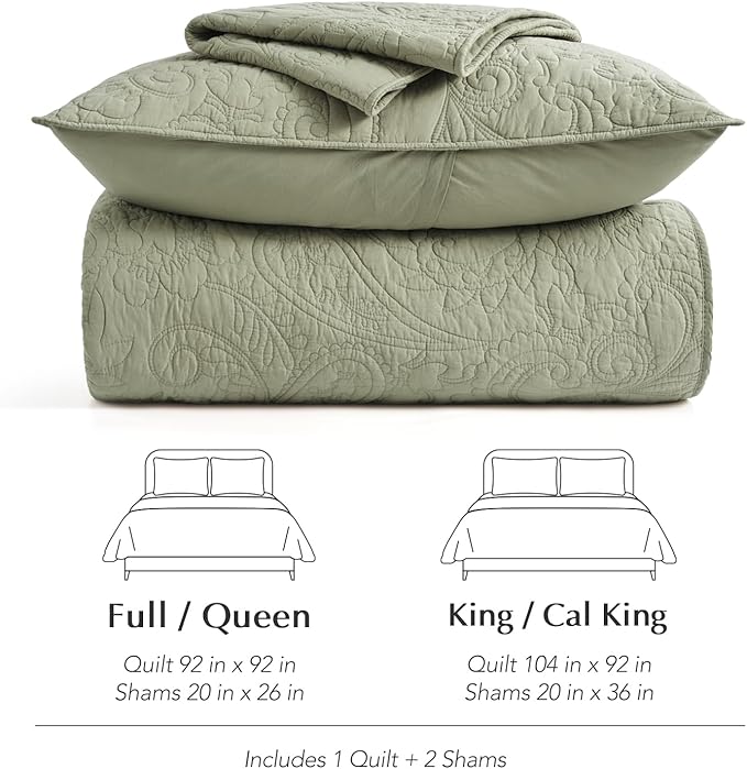 EVERGRACE 100% Cotton Paisley Quilt Set, Queen Size 3 Piece Set – Prewashed Lightweight Bedspread with 2 Shams, Soft & Breathable Matelasse Coverlet for All-Season Comfort, Light Sage Green