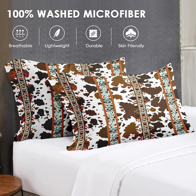 Queen Size Comforter Set with 2 Pillowcases, Animal Vintage Retro Soft 3 Pcs Bedding for Kids and Adults, Cow Brown Cowhide Comforter Set for Bedroom Bed Decor