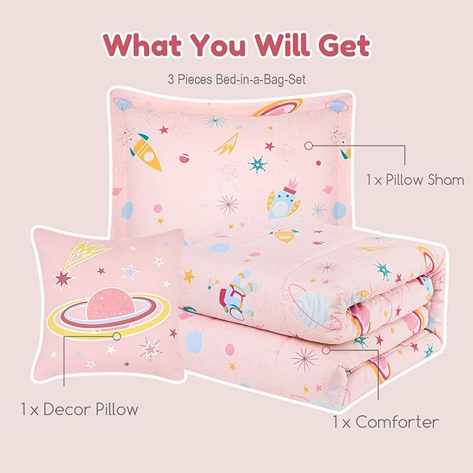 Twin Comforter Set for Girls-3 Pieces Space Glow in The Dark Twin Bedding Sets for Kids,1 Comforter,1 Sham and 1 Decor Pillow