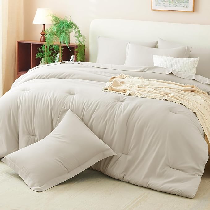 CozyLux Queen Comforter Set Beige, 7 Pieces Bed in a Bag Soft Bedding Comforter Set with Sheets, All Season Boho 7PC Bed Sets with Comforter, Fitted Sheets, Flat Sheets, Pillow Shams and Pillowcases