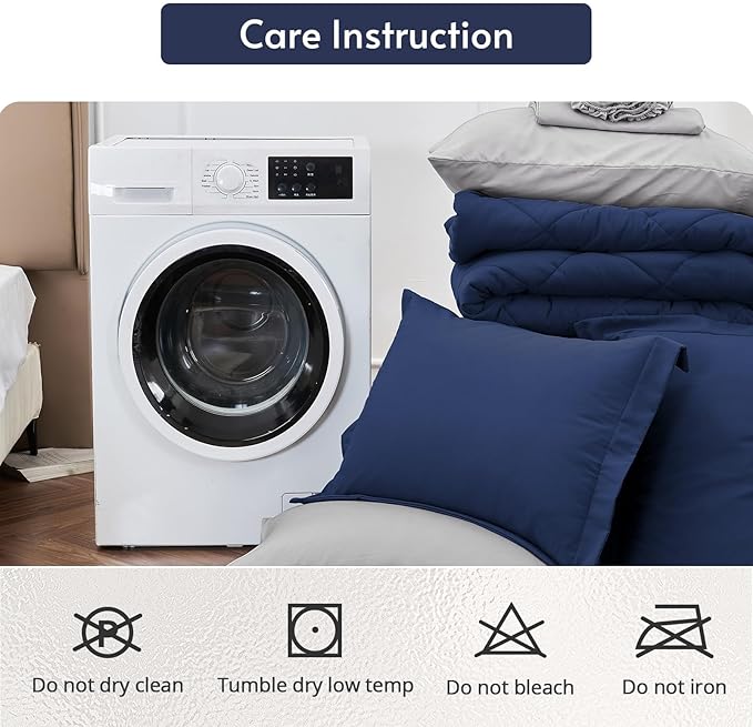 MUXHOMO 7 Pieces Full Comforter Set, Reversible Bed in a Bag Full Size, All Season Bedding Set with Comforter, Flat Sheet, Fitted Sheet, Pillowcases & Shams, Navy & Light Grey