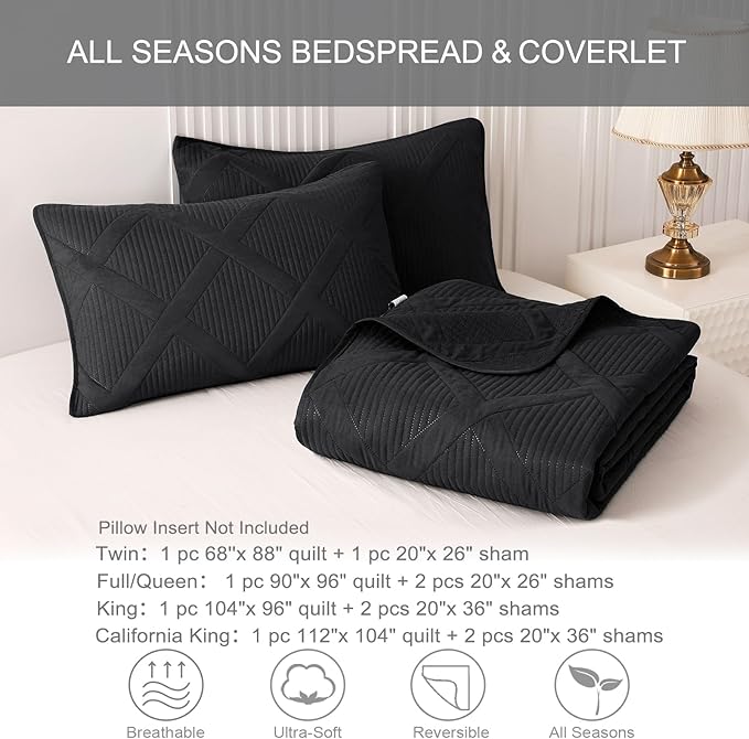 Exclusivo Mezcla Twin Size Quilt Set with Modern Striped Pattern, 2 Pieces Lightweight Black Quilts Bedding Set, Soft Bedspreads Coverlets for All Seasons