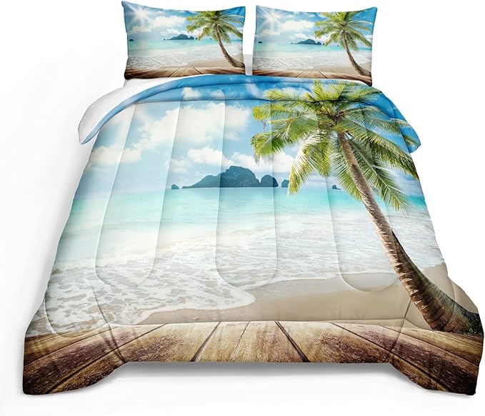 Bedbay Tropical Paml Tree Bedding Set Beach Queen Comforter Set Sunny Beachy Comforter Beach Themed Bedding Set Queen Size 3 Pieces Soft Microfiber Ocean Duvet Set for All Seasons