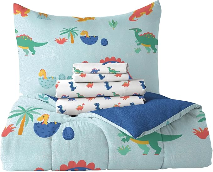 Dream Factory Kids 5-Piece Complete Bed Set Easy-Wash Super Soft Microfiber Comforter Bedding, Twin, Blue Sweet Dino