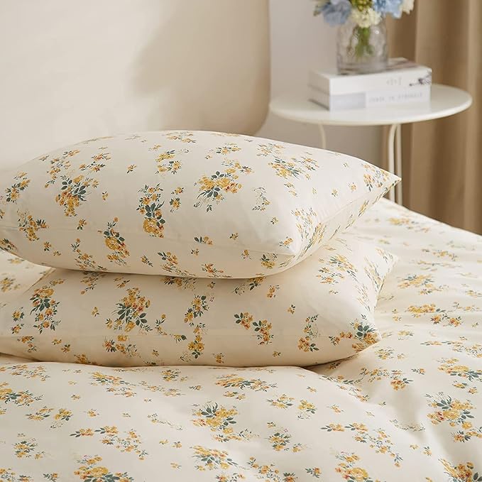 HighBuy 3 Pieces Duvet Covers Twin Size Cute Yellow Floral Duvet Cover Set,Ultra Soft Cotton Bedding Set Botanical Printed Soft Aesthetic Bed Cover with Zipper Closure 4 Ties All Season