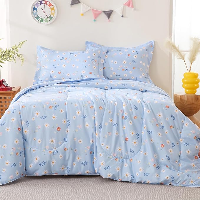 Yibeizi Blue Floral Comforter Set for Girls Twin, Kids Cute Printed Bedding Set with Pillow Sham, Lightweight Soft Breathable Machine Washable Quilted Bed Comforter Set 2 Piece