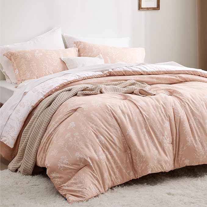 Bedsure Queen Comforter Set - Dusty Rose Bed Set, 3 Pieces Cute Floral Bedding, 1 Soft Reversible Botanical Flowers Comforter and 2 Pillow Shams