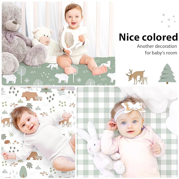 Baby Mini Crib Sheets Boy, Portable 38”x26” Pack and Play Sheets Fitted for Playard and Pack N Play Mattress, 3-Pack Soft Microfiber Green Forest Bear