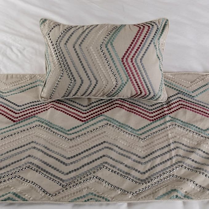 The HomeCentric King Queen Twin Beige Linen Bed Runner Without Pillow Cover, King Size 90"x18" Bed Runner Without Pillow Cover, Linen with Embroidery, Chevron Modern Pattern - Dotty Chevron
