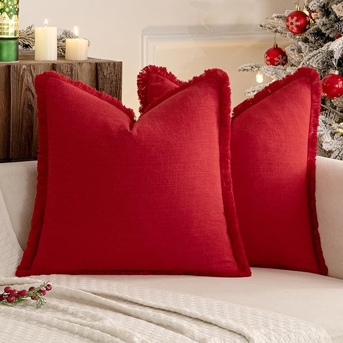 MIULEE Decorative Throw Pillow Covers Neutral Linen Fringe Throw Pillows Euro Shams Set of 2 Red Boho Farmhouse Cushion Covers with Tassels for Couch Sofa Bed Living Room Decor 24x24 Inch