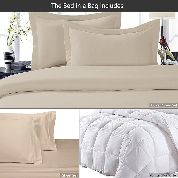 8 Pieces 100% Cotton Solid Beige Queen Goose Down Bed in a Bag Set Including 600TC Sheet Set + 600TC Duvet Cover Set+ All Season Striped Goose Down Comforter 600 Fill Power