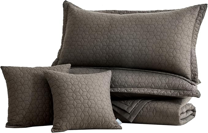Oversized King Bedspread 128x120 Extra Wide, Modern & Contemporary Look, Lightweight Bedding Cover, Reversible, 5 Piece, 100% Microfiber, Brown