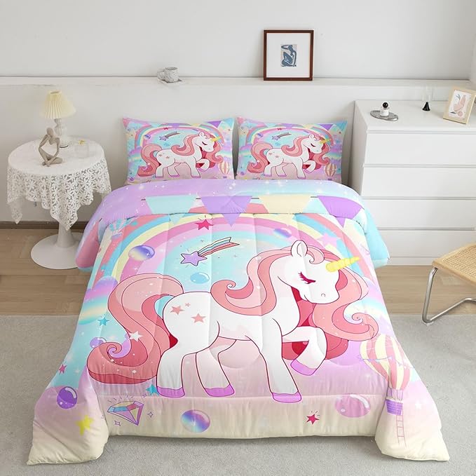 Erosebridal Unicorn Full Bedding Sets for Girls Cute Rainbow Unicorn Comforter Set Bedroom Decor for Girls Kids Horse Duvet Set Ombre Bedding Stars Magical Animal Down Comforter Reverse 3Pcs