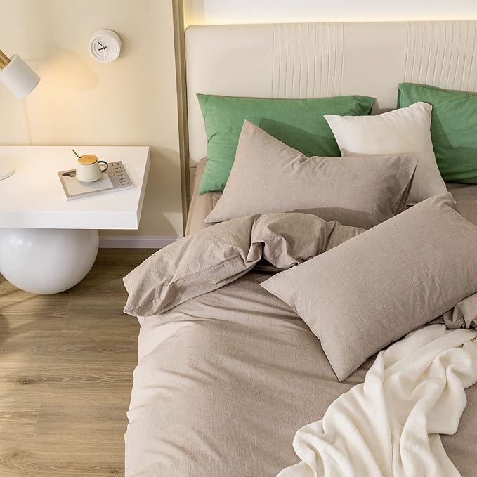 JIYUAN 100% Washed Cotton Duvet Cover Set Comfy Simple Style Soft Breathable Textured Durable Linen Feel Bedding for All Seasons King, Taupe