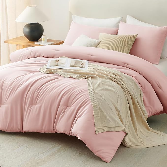 CozyLux Blush Pink Comforter Set Twin/Twin XL Size, 2 Pieces Twin Extra Long Solid Breathable Quilted Bedding Sets, Luxury Soft Bed Set with Down Alternative Comforter and 1 Pillowcase All Season
