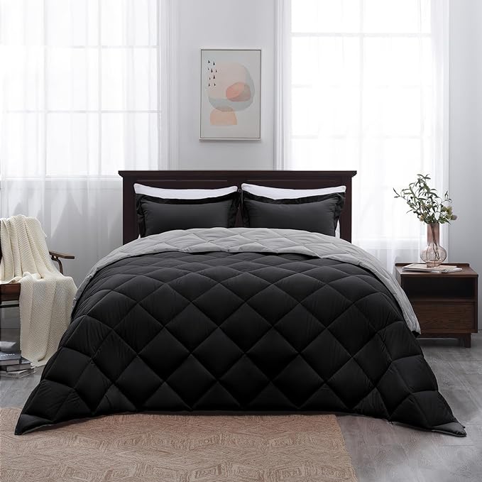 Basic Beyond King Size Comforter Set - Black Comforter Set King, Reversible King Bed Comforter Set for All Seasons, Black/Grey, 1 Comforter (104"x92") and 2 Pillow Shams (20"x36"+2")