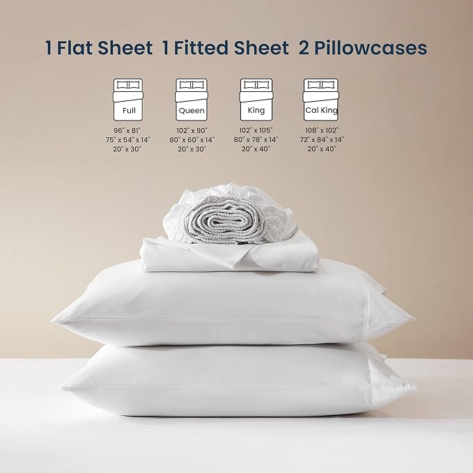 SLEEP ZONE Queen Sheet Set-4 Pieces Soft Queen Size Sheets Breathable & Cooling Bed Sheets Set, Easy Care Includes 1 Fitted Sheet, 1 Flat Sheet and 2 Pillowcases, Deep Pocket 16" (White, Queen)
