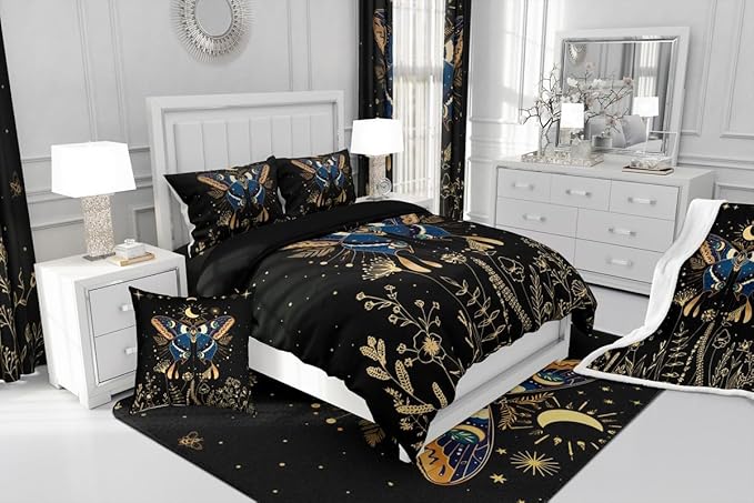 Erosebridal Butterfly Bedding Set Queen,Flower Weed Botanical Duvet Set for Adult Women Men 3Pcs,Black Starry Sky Quilted Comforter Boho Exotic Moon Star Comforter Set Soft Cozy Microfiber
