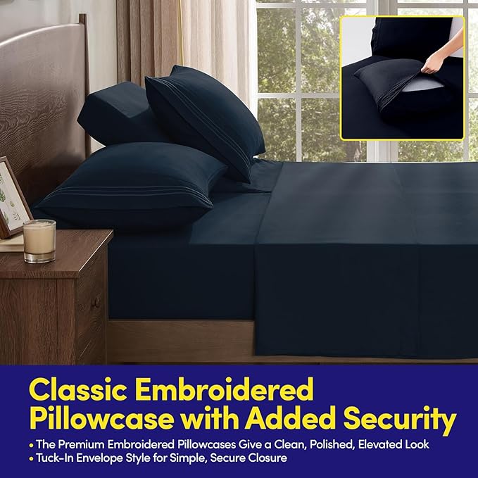 Split Head King Sheets Set for Adjustable Beds 4 Piece Flex Top Bed Sheets โ Deep Pocket Split Top Fitted Sheet with Built-in Corner Straps, Luxury Soft Cooling Bedding, Wrinkle Resistant, Navy