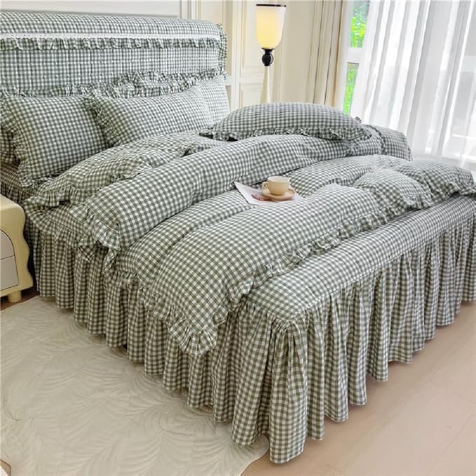LifeTB Green Gingham Comforter Set King 3 Pieces Ruffle Plaid Comforter Set Chic Grid Bed Comforter with 2 Pillowcases Fluffy Soft Checkered Pattern Comforter Gingham Bedding Comforter King