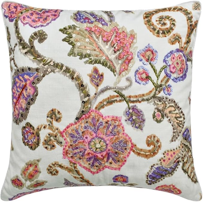 The HomeCentric King/Queen/Twin White & Pink Designer Full 68"x18" Bed Runner with 2 Pillow Cover, Floral, Printed, Sequins, Beaded, Embroidery & Handmade Bed Scarf on Cotton Fabric - Aster