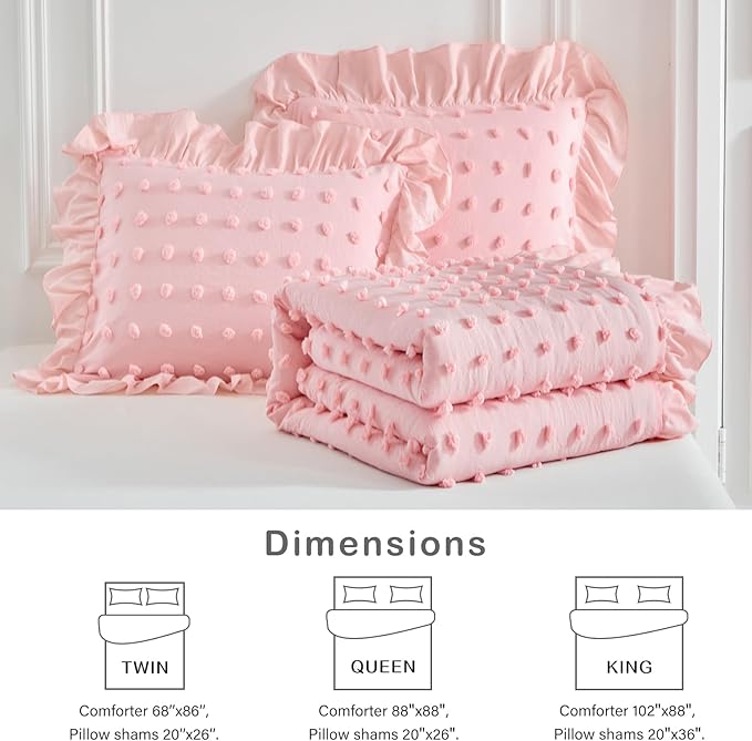 Flysheep Tufted Dots Ruffle Comforter Set Twin Size, 3 Pieces Pink Vintage Farmhouse Shabby Chic Comforters, Jacquard Boho Bohemian Bedding Set for Girls (1 Ruffled Comforter+ 2 Pillow Shams)