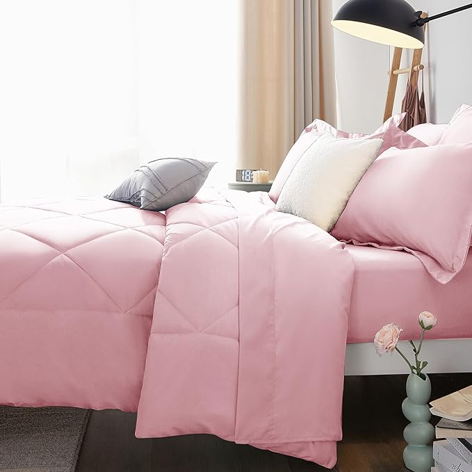 CozyLux Oversized King Comforter Set Pink, 7 Pieces Bed in a Bag Comforter Set with Sheets Luxury Bed Set for All Seasons, Bedding Set with Down Alternative Comforter, Sheets, Pillowcases & Shams