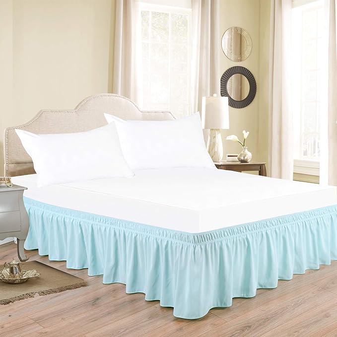 Bed Skirt - Wrap Around Bed Skirts Elastic Dust Ruffles, Easy Fit Wrinkle and Fade Resistant Luxurious Fabric Solid Color, Light Blue Short Queen Size Beds 15 Inch Drop