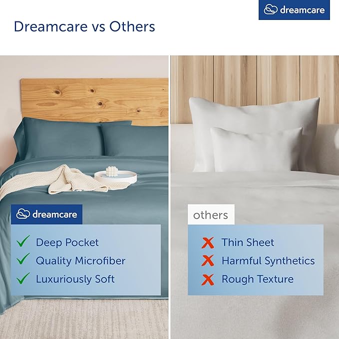 DREAMCARE King Size Sheets Set - Cooling Bed Sheets - 4pcs Set - up to 15" Deep Pocket King Sheet Set – Soft & Long Lasting Cooling - 100% Fine Brushed Microfiber with Side Pocket - Mineral Blue