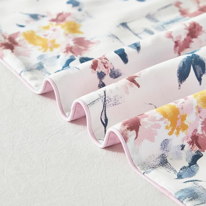URBONUR Garden Floral Duvet Cover Set 100% Egyptian Cotton Silky Sateen Smooth Breathable Durable Soft Bedding Sets Purple Yellow Flowers Printed on White (3Pcs Twin, 68''x88'')