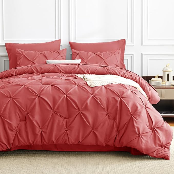 CozyLux Full Size Comforter Sets Coral, 7 Pieces Pintuck Bed in A Bag Coral Comforter Full Size, Pinch Pleat Bedding Sets with All Season Comforter, Flat Sheet, Fitted Sheet, Pillowcases & Shams