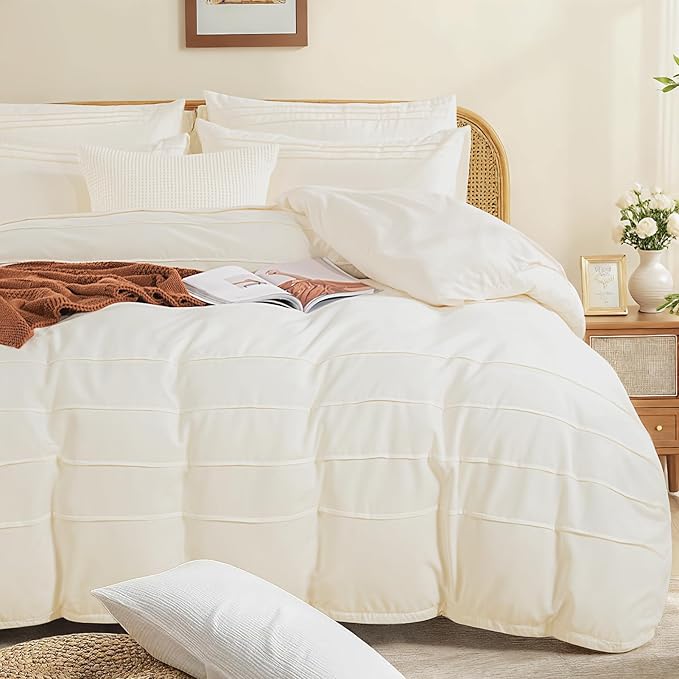 NEXHOME PRO 100% Organic Cotton Duvet Cover Queen, Linen Like Pleated Textured Ivory Duvet Cover Set, 3pc Bedding Set with Zipper Closure, Soft, Lightweight and Breathable,90"x90", No Comforter