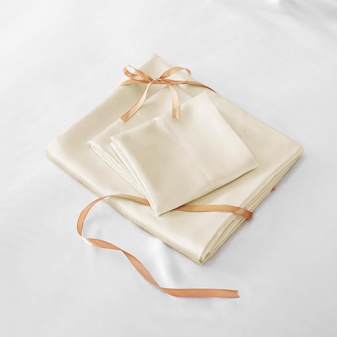 BEDELITE Satin Sheets Twin XL Size Bed Set, Luxury Soft Beige Silky Sheets for Hair and Skin, Similar to Silk Bed Sheets Set 3 Pieces (1 Deep Pocket Fitted Sheet, 1 Flat Sheet, and 1 Pillowcase)