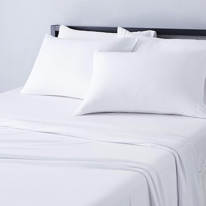 Amazon Basics 4 Piece Comfortable Cotton Jersey Bed Sheet Set,Includes Soft Flat and Fitted Sheets,Pillowcase,Queen,White,Solid,(Pack of 4)
