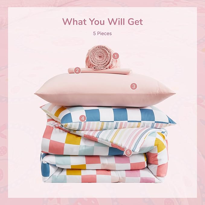 Twin Comforter Set for Girls-5 Pieces Colorful Check Twin Bedding Sets for Kids, Ultra Soft Bed in A Bag with Sheets
