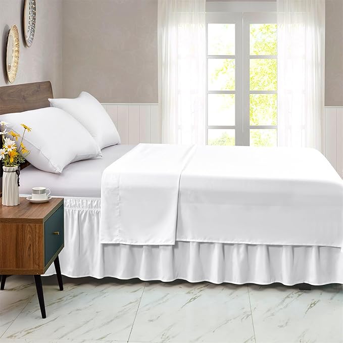 FreshCulture Elastic Wrap Around Bed Skirt - Easy Fit with 15-Inch Tailored Drop, Hotel Quality Dust Ruffle for Full Size Bed (White)