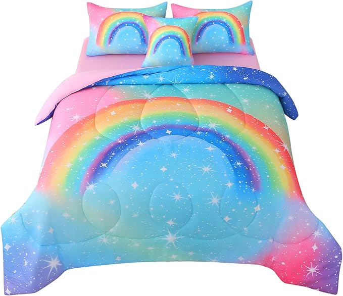 JQinHome Girls Comforter Set Queen, 6 Piece Bed in A Bag 3D Colorful Rainbow Bedding Sets for Teen Girls,with Sheet Sets (Rainbow)