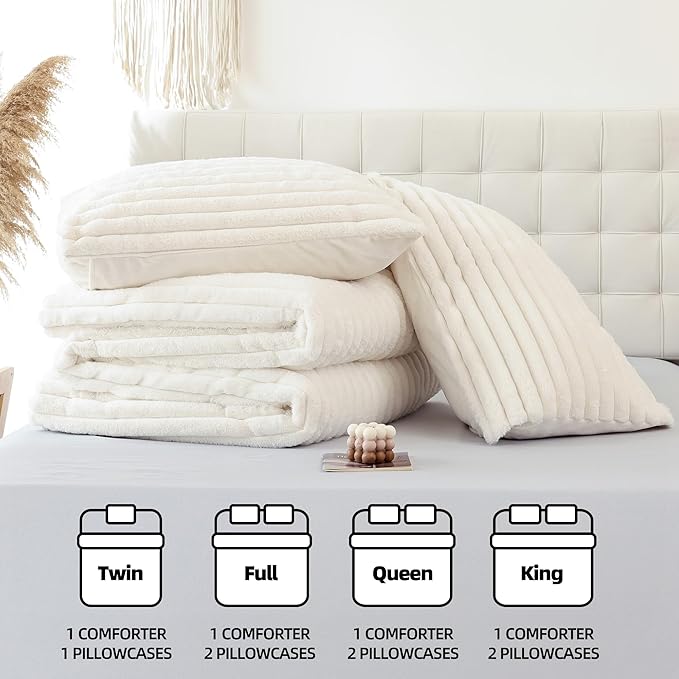 Smoofy Fluffy Full Size Comforter Sets 3 Pieces - Cream White Fleece Fluffy Comforter Set, Luxury Fuzzy Full Bed Set, Soft Comforter Full Size All Season, Heavy Faux Fur Comforter with 2 Pillow Cases