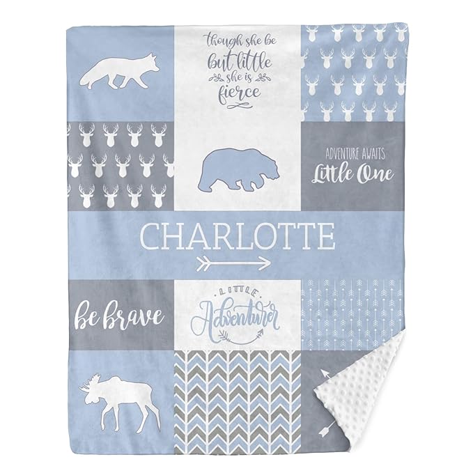 Personalized Baby Blankets for Girls, Baby Blanket for Girls with Name, Soft Plush Receiving for Newborns - Essential Baby Items, Woodland Bear, Ashley Blue, 35x45 Inches