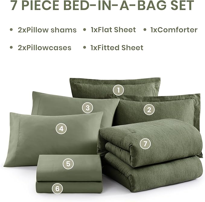 Monbix Queen Comforter Set - 7 Pieces Cationic Dyeing Olive Green Bed in a Bag Queen Bedding Sets with Comforter, Sheets, Pillowcases & Shams, Reversible Bedding Comforters Sets