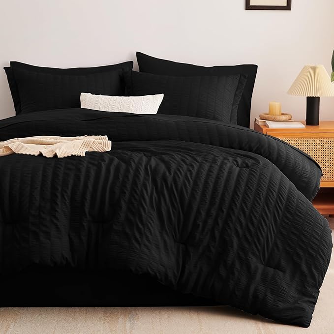 CozyLux Oversized Queen Comforter Set Black Seersucker 7 Pieces 98x98 Bed in a Bag Comforter Set with Sheets, Luxury Soft Bedding Sets with Down Alternative Comforter, Sheets, Pillowcases & Shams