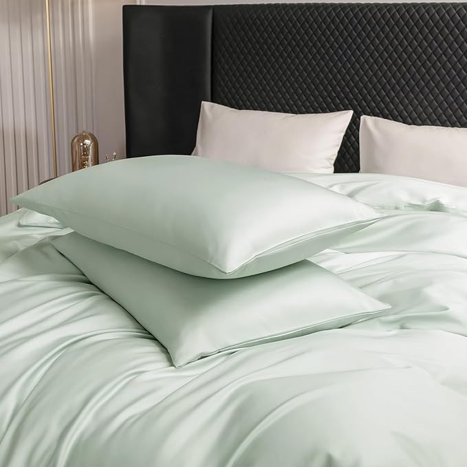 MooMee Duvet Cover Set 100% Extra Long Staple Cotton 600 Thread Count Silky Sateen Smooth Luxury Soft Breathable Durable Hotel Quality Bedding, 3 Pieces (Sage Green, Queen 90"x90")
